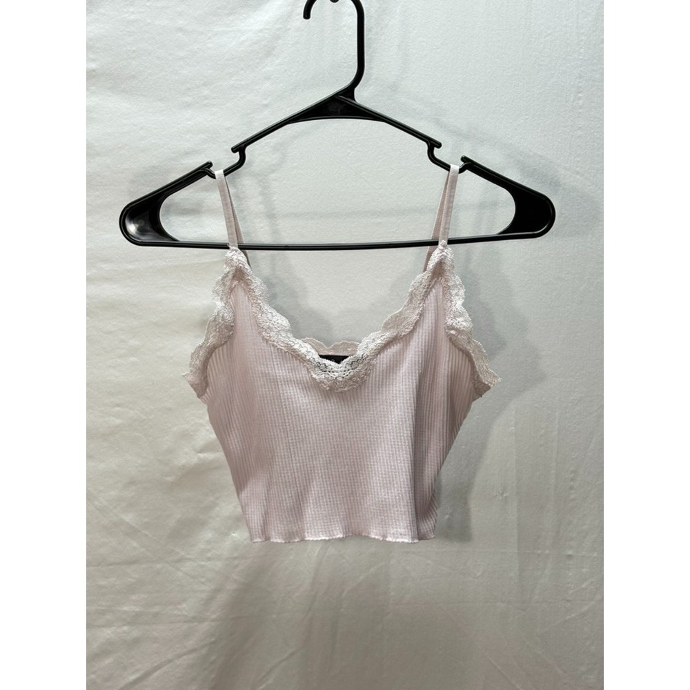 Trixxi Baby Pink Lace Trim Cami Crop Top XS V Neck Y2K Coquette Soft Girl